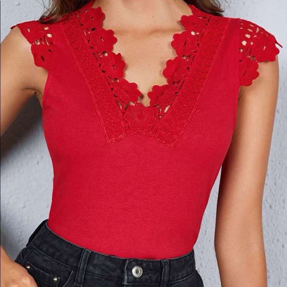 Red Lace Trim Guipure V-Neck